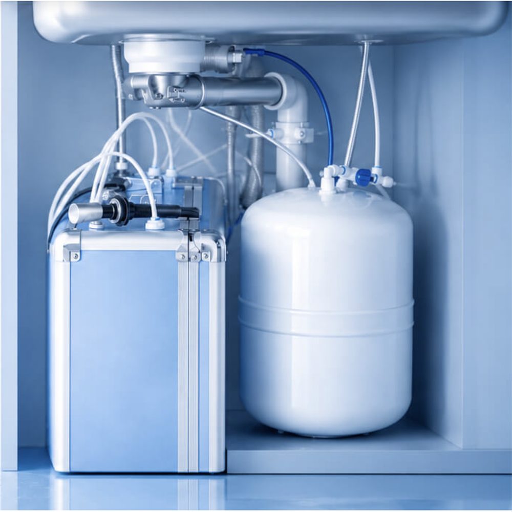 A Swiss Water Systems reverse-osmosis system installed under a kitchen sink